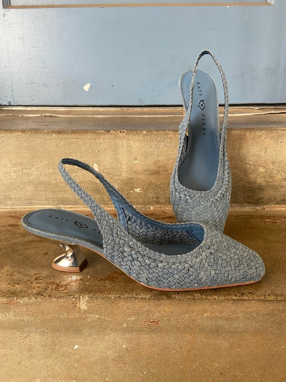Katy Perry “The Laterr” woven denim slingback pump w/ silvertone sculpted heel